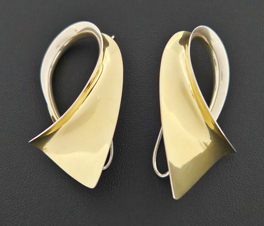 Iconic Designer Nancy Linkin 3D Modernist Sterling 18k Gold XL Swirl Earrings