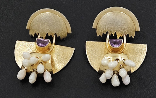 Artisan Abstract Modernist Amethyst + Pearl Gold Sterling Drop Dangle Earrings
