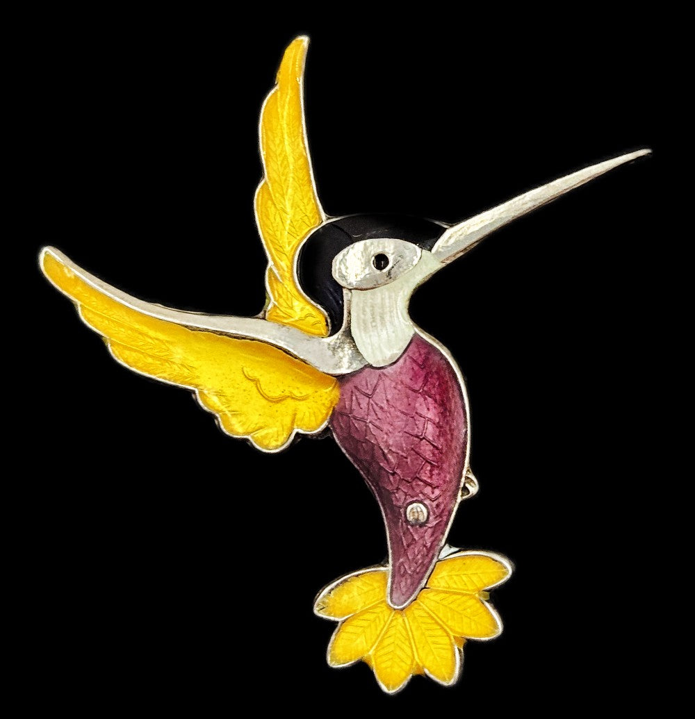 Dane Volmer Bahner Sterling Enamel Purple Yellow Hummingbird Brooch 1950s