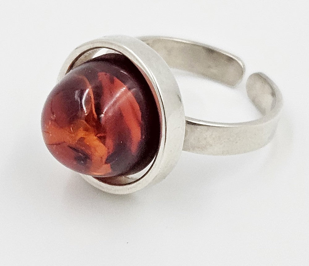 Vintage Scandinavian Modernist Sterling Silver & Amber Domed Cocktail Ring