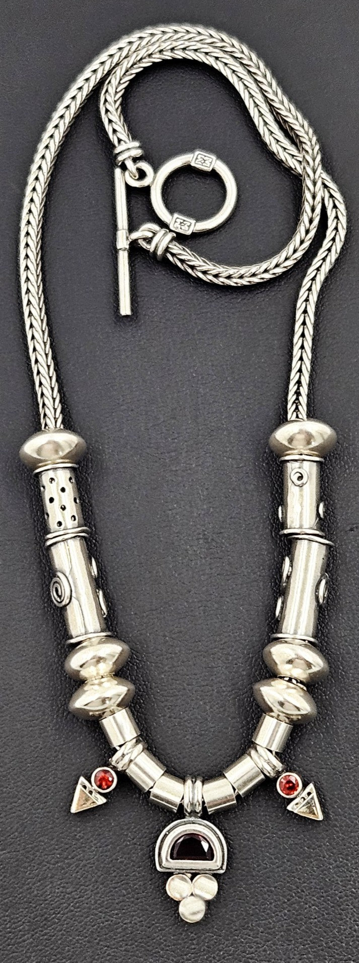 Vintage Artisan Made Sterling Silver & Garnet Modernist Statement Necklace