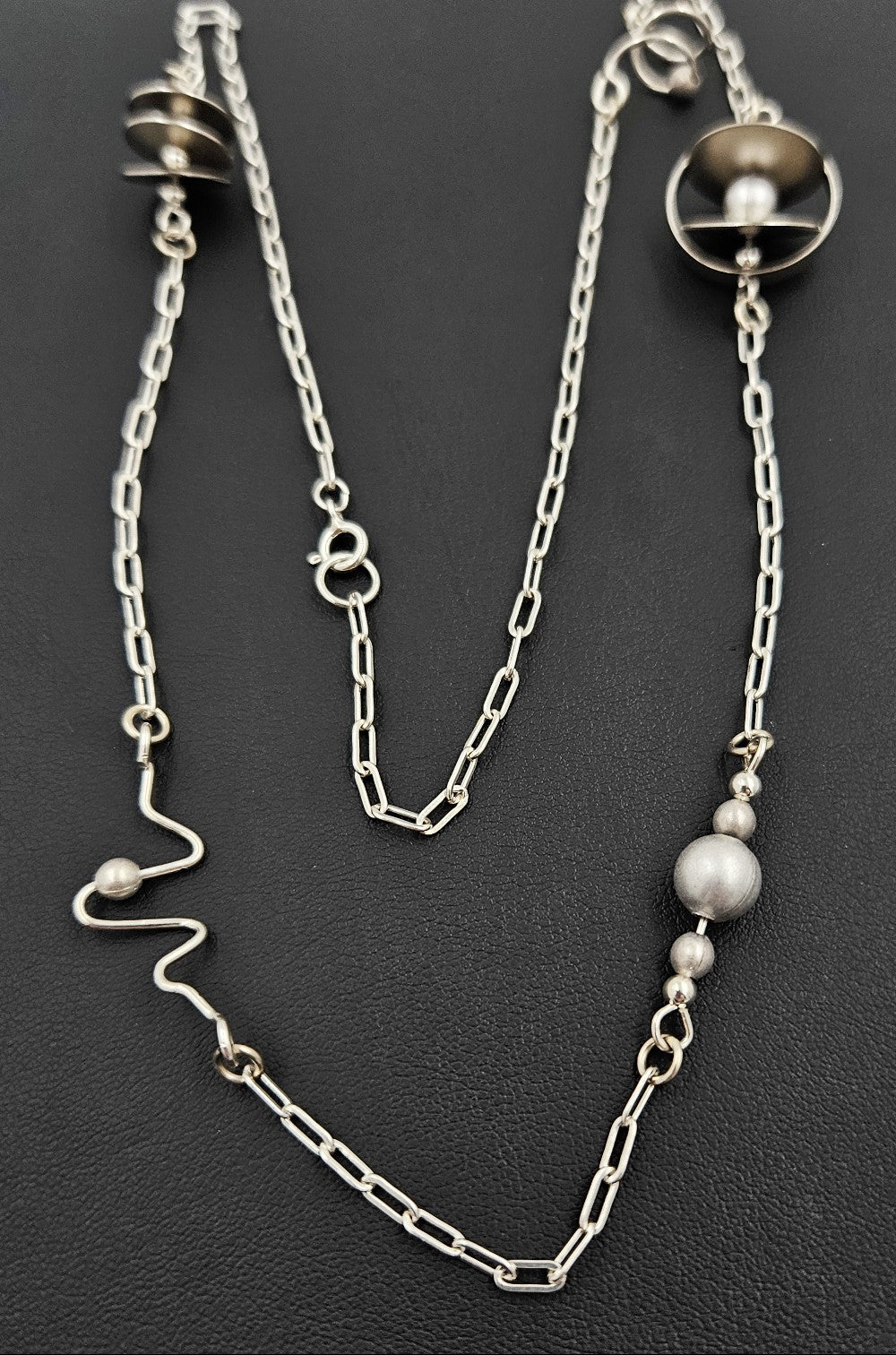 Artisan Made Abstract Modernist Sterling Bead Disc & Pearl XL Station Necklace