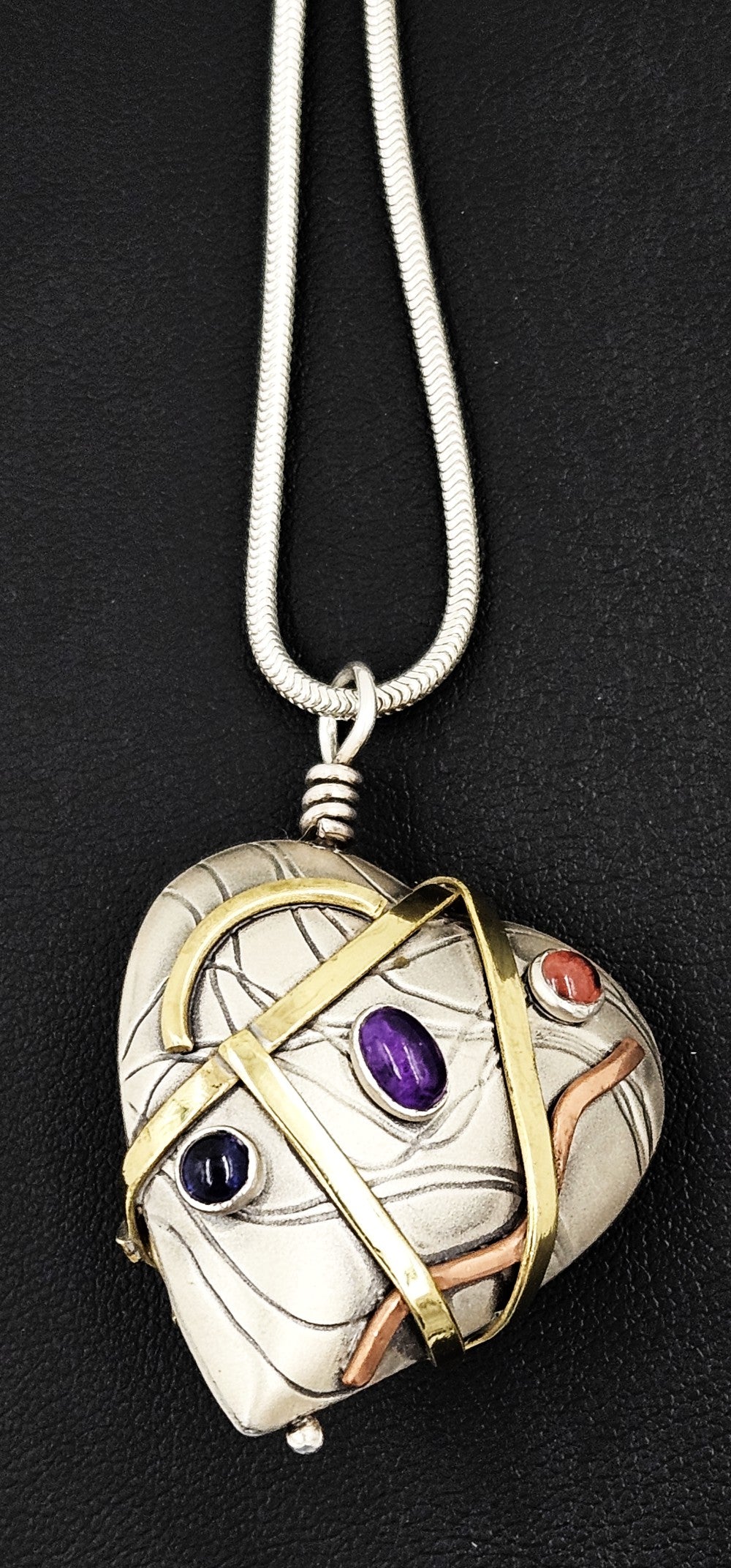 Susan Maria Buckley Sterling Mix Metal + Gems Modernist Heart Necklace 1999