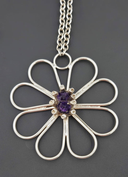 Jacob Hull Denmark Silver Amethyst Modernist HUGE Flower Necklace 70/80s