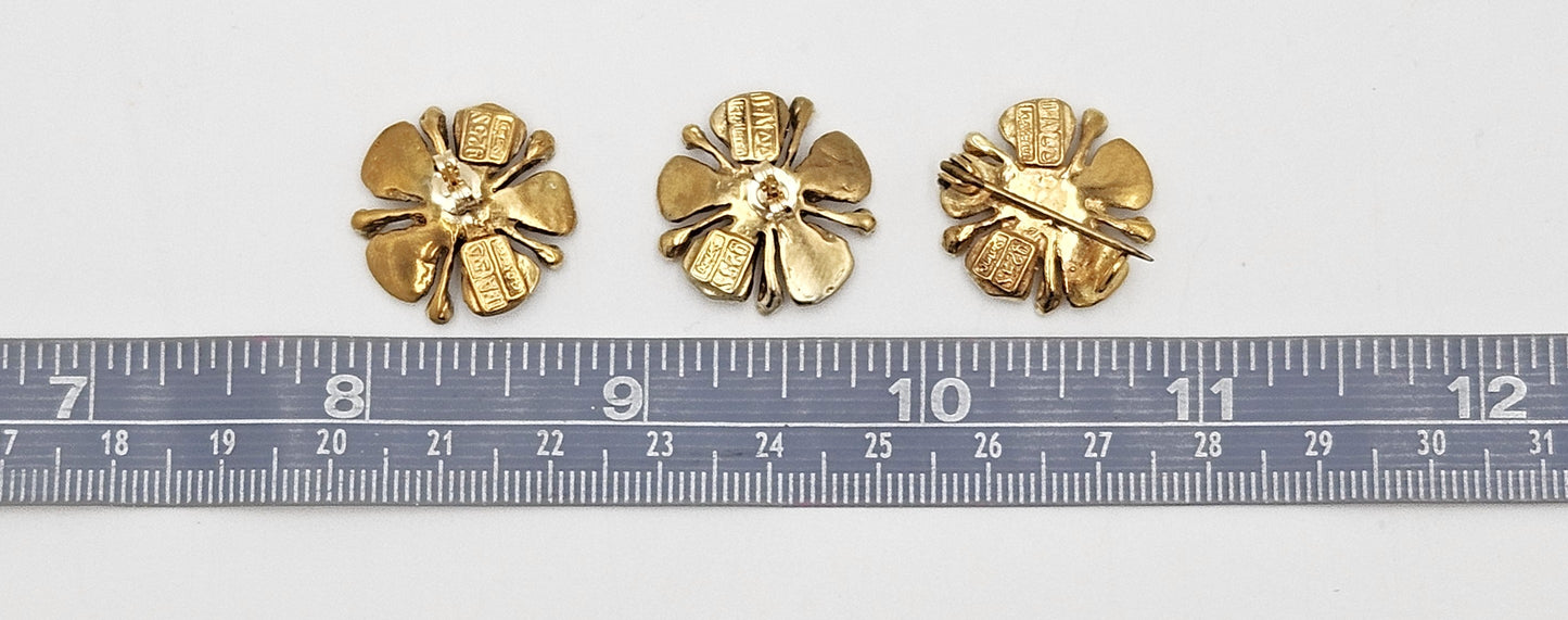 David Andersen Sterling Enamel 3D Flower Pin Earrings Demi Parure Set 1960s