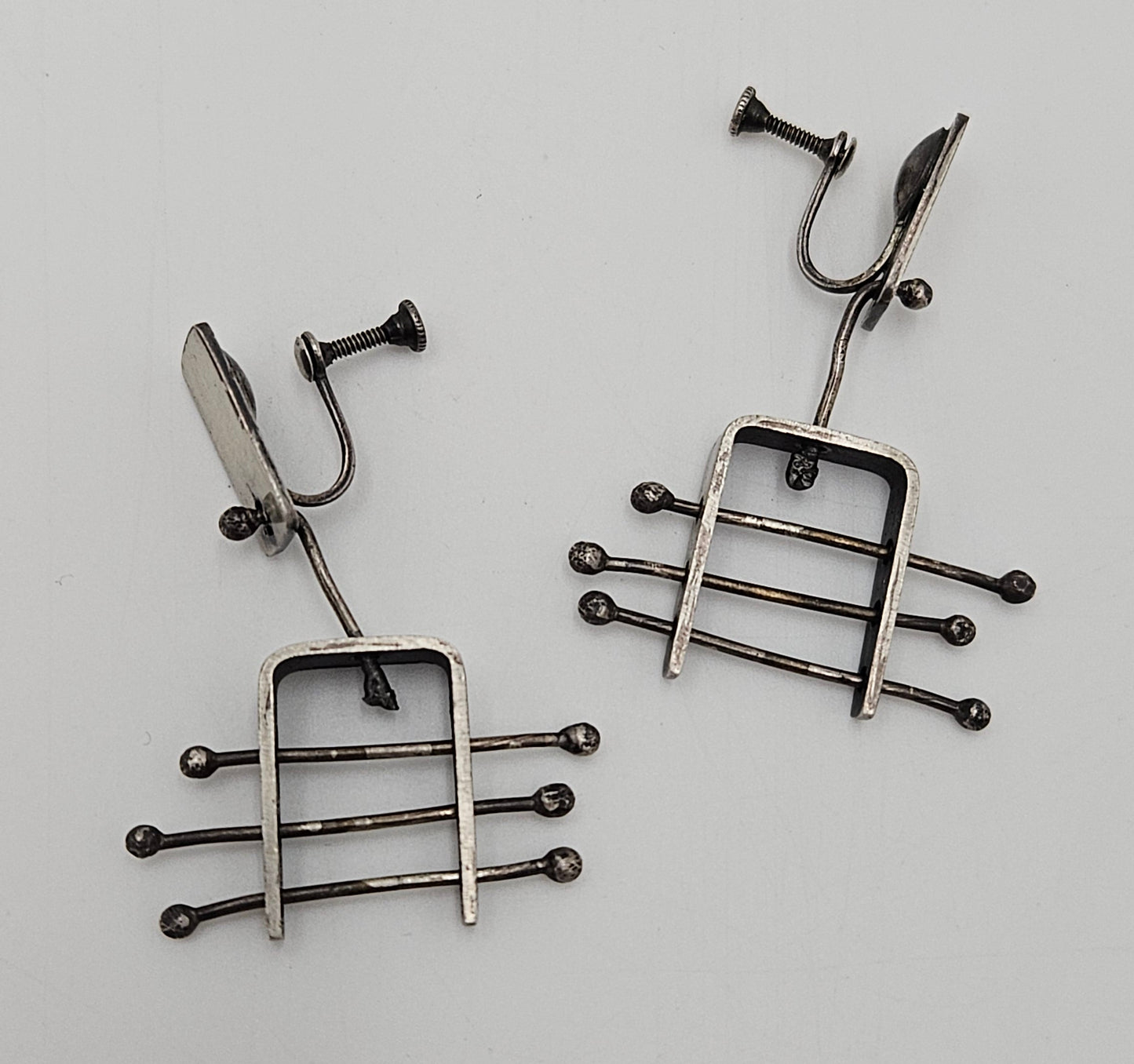 Ed Wiener sterling silver abstract Expressionism 3D Drop Dangle Earrings '50s, view 3 of 5