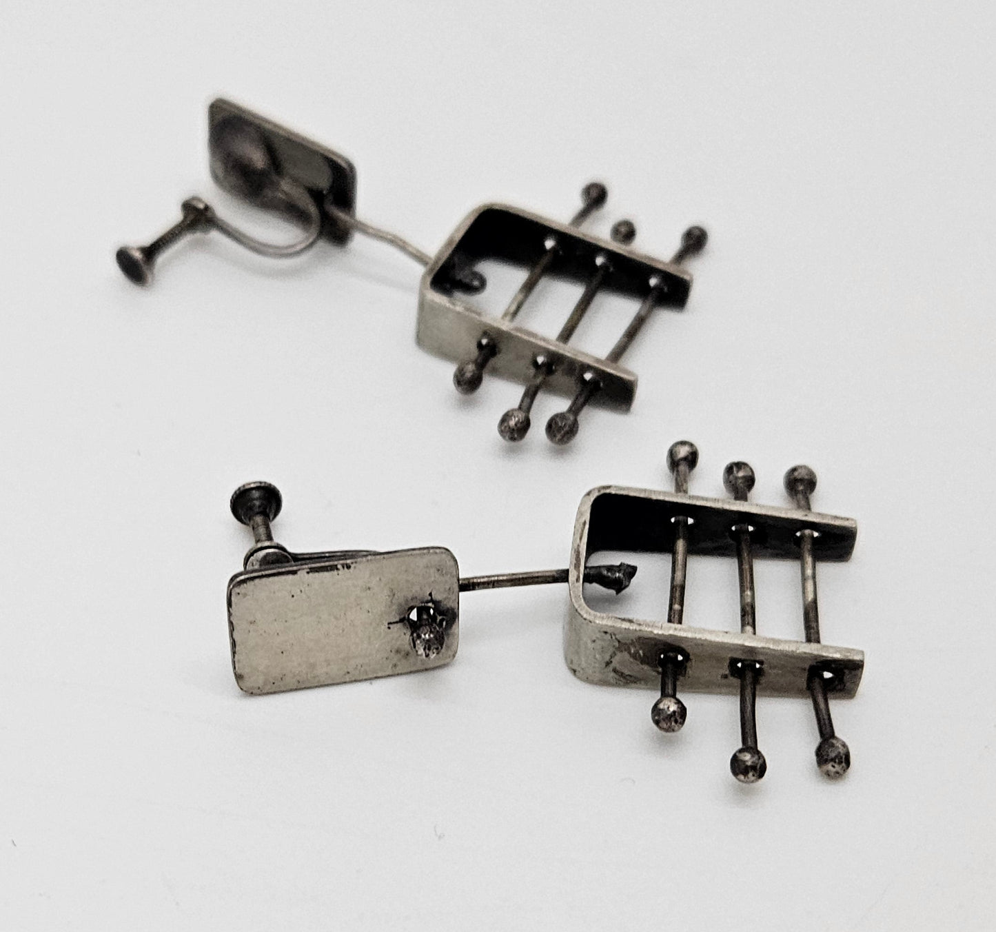 Ed Wiener sterling silver abstract Expressionism 3D Drop Dangle Earrings '50s, view 4 of 5