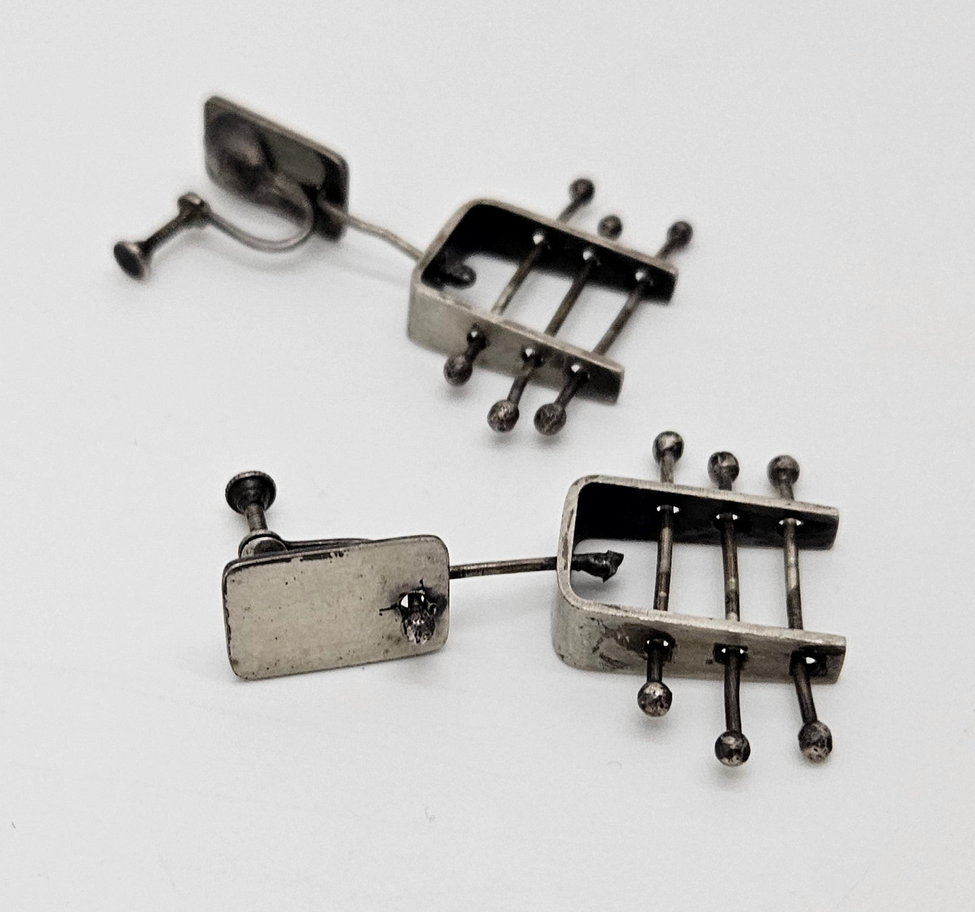 Ed Wiener sterling silver abstract Expressionism 3D Drop Dangle Earrings '50s, view 4 of 5