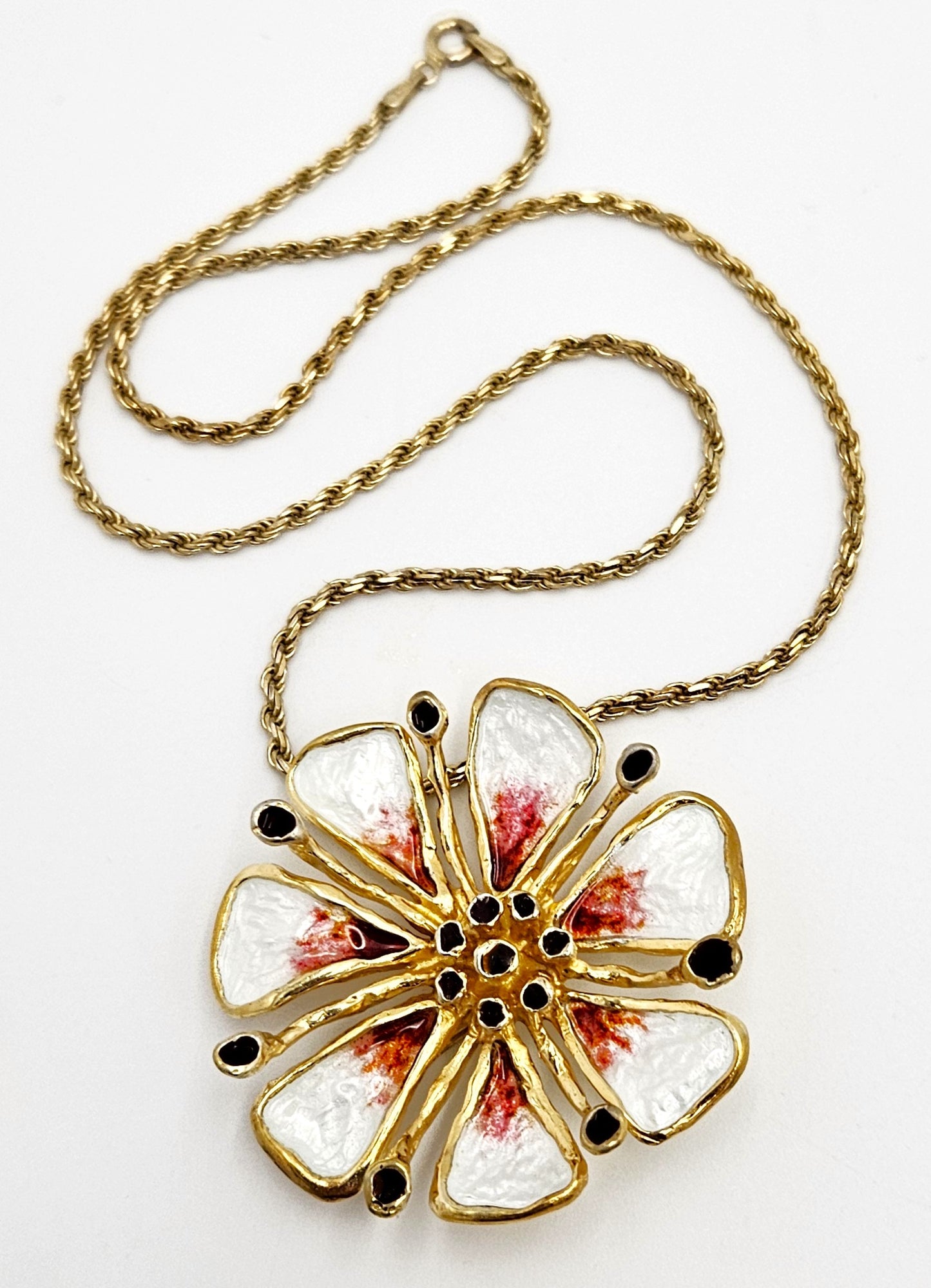 David Andersen Sterling Enamel 3D Tropical Flower Pendant Necklace C. 1960s