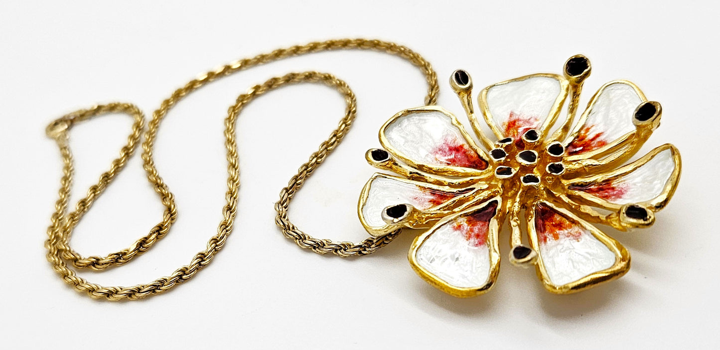 David Andersen Sterling Enamel 3D Tropical Flower Pendant Necklace C. 1960s