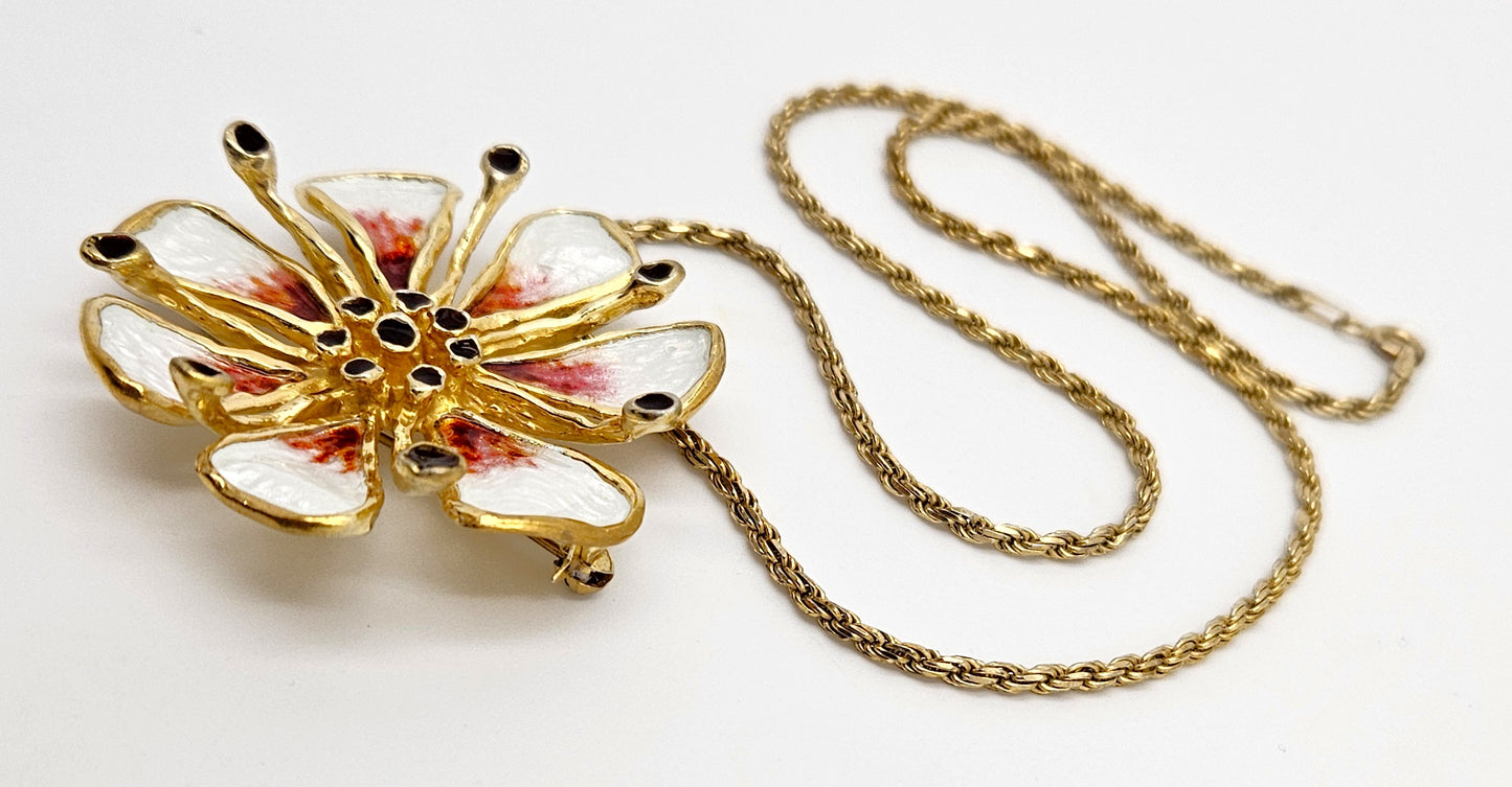 David Andersen Sterling Enamel 3D Tropical Flower Pendant Necklace C. 1960s