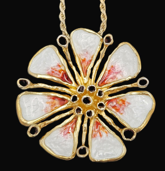 David Andersen Sterling Enamel 3D Tropical Flower Pendant Necklace C. 1960s
