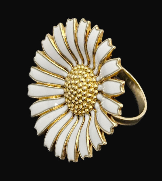 Superb Anton Michelsen Denmark Sterling & Enamel Large Daisy Flower Ring 40s