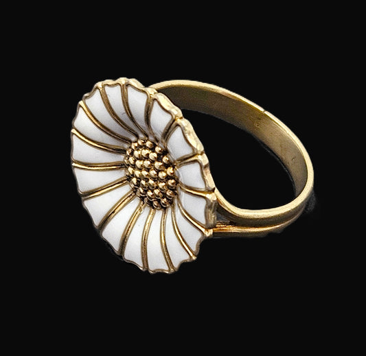 Anton Michelsen Denmark sterling silver enamel Marguerite Daisy Flower Ring 1940s, view 1 of 7