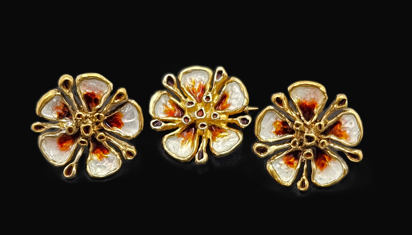 David Andersen Sterling Enamel 3D Flower Pin Earrings Demi Parure Set 1960s