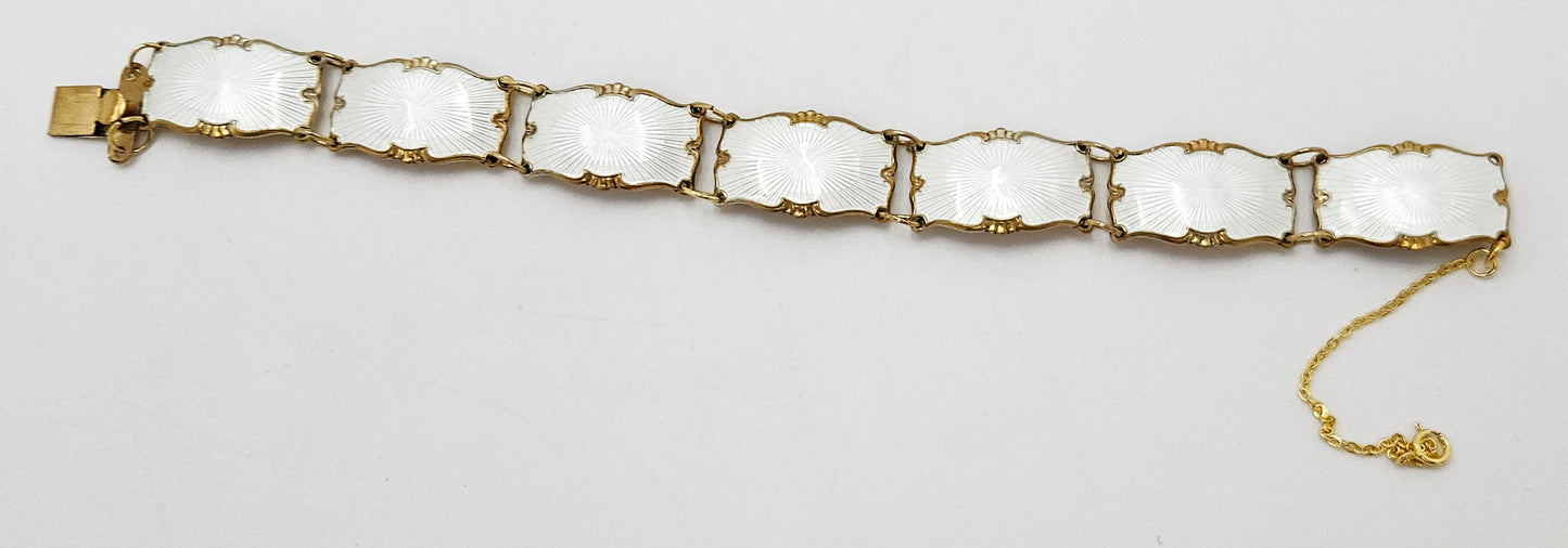 Ivar Holth Norway Sterling & White Enamel Art Deco Panel Link Bracelet 1940s