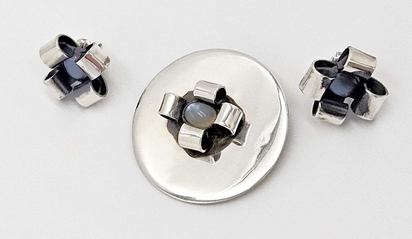 Superb Rare Sam Kramer Sterling Moonstone Brooch Earrings Demi Parure Set