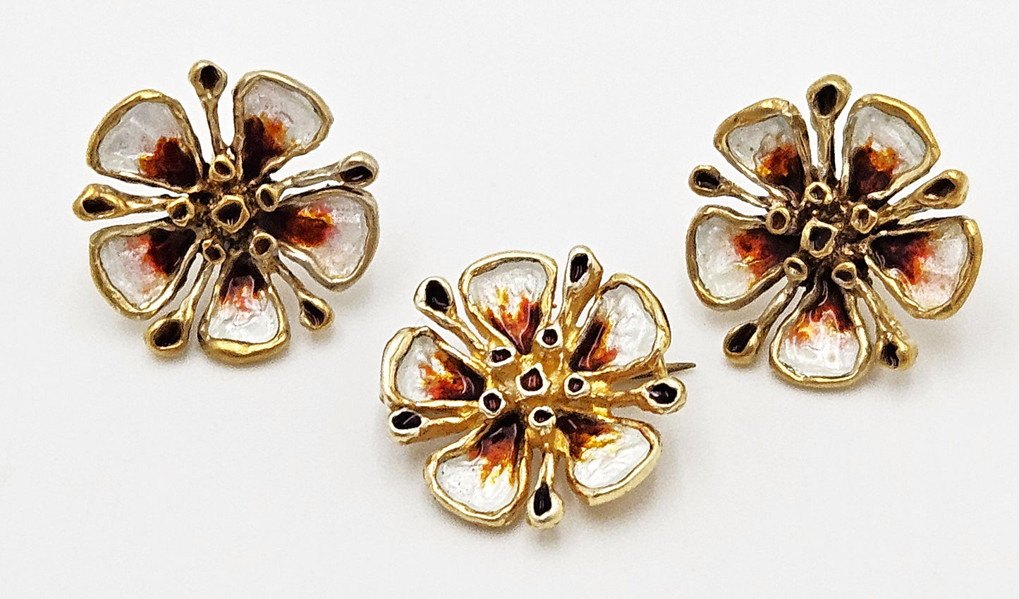 David Andersen Sterling Enamel 3D Flower Pin Earrings Demi Parure Set 1960s