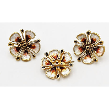 David Andersen Sterling Enamel 3D Flower Pin Earrings Demi Parure Set 1960s, multicolor, floral, gold - image 3 of 9