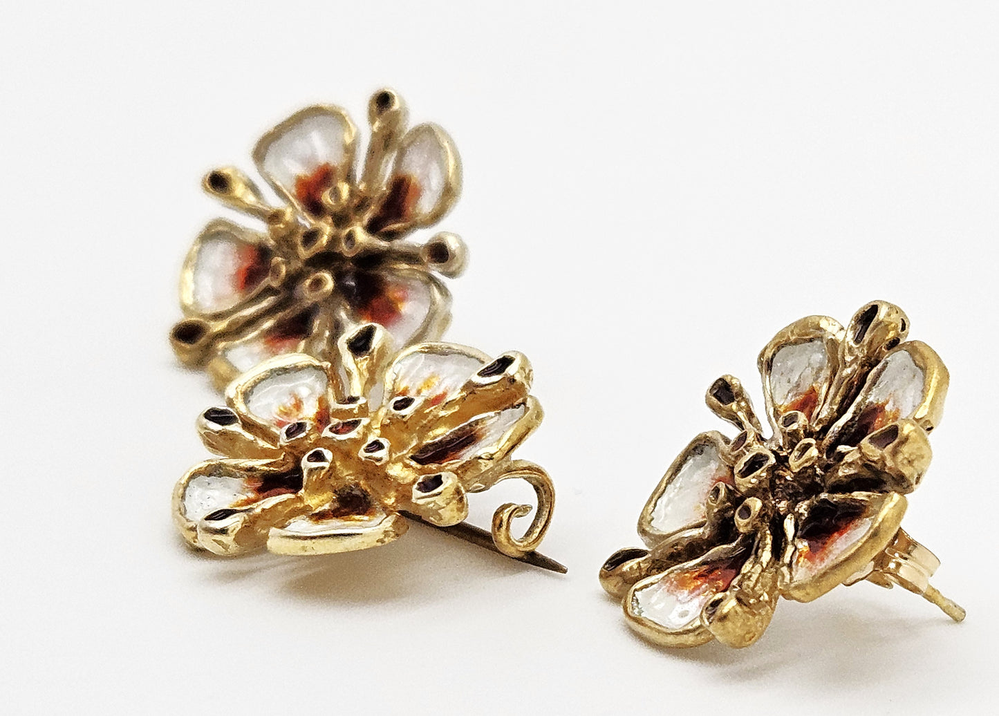 David Andersen Sterling Enamel 3D Flower Pin Earrings Demi Parure Set 1960s