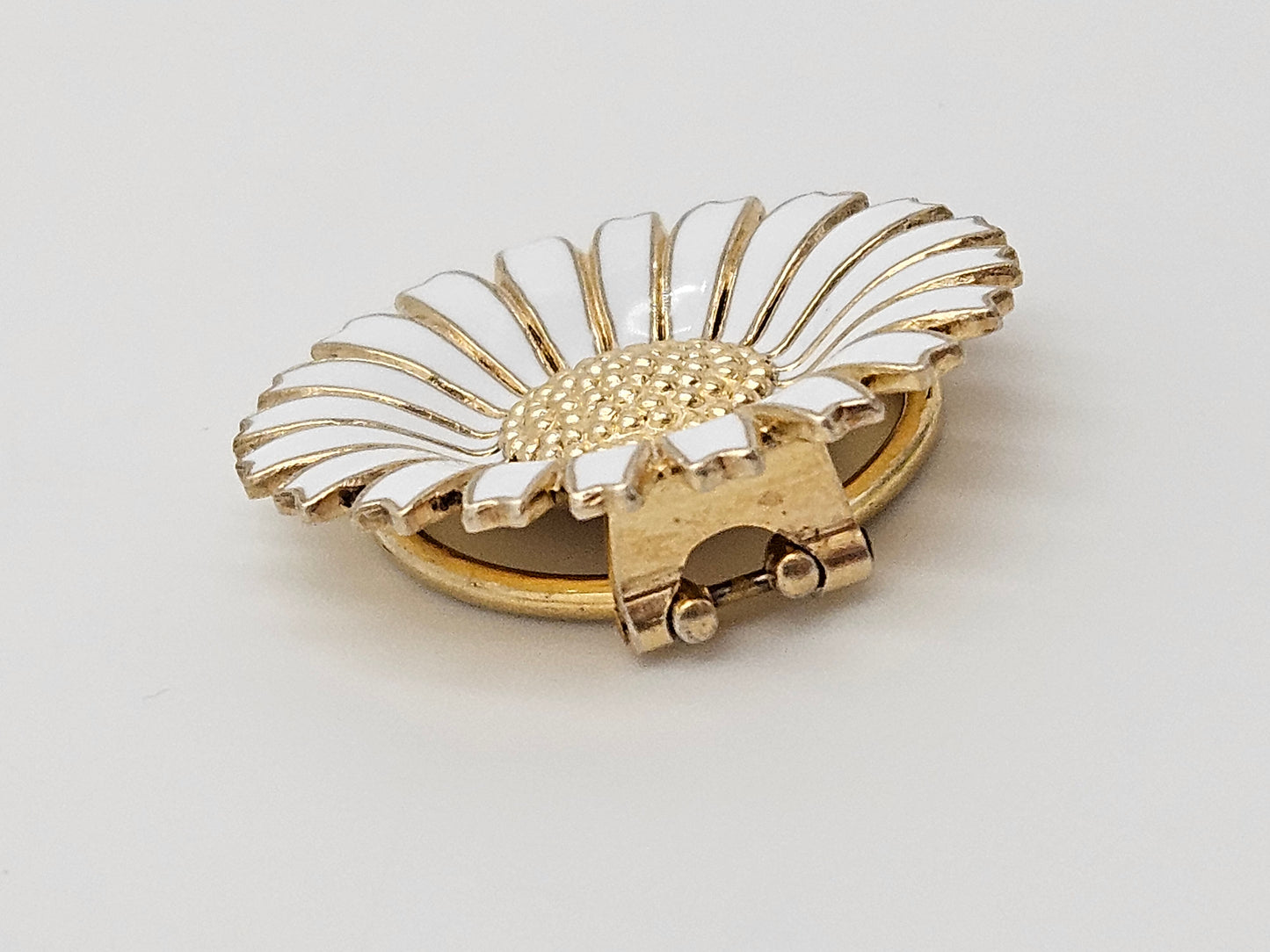 Anton Michelsen Denmark sterling silver enamel Daisy Flower Brooch Scarf Clip 1940s, view 8 of 10