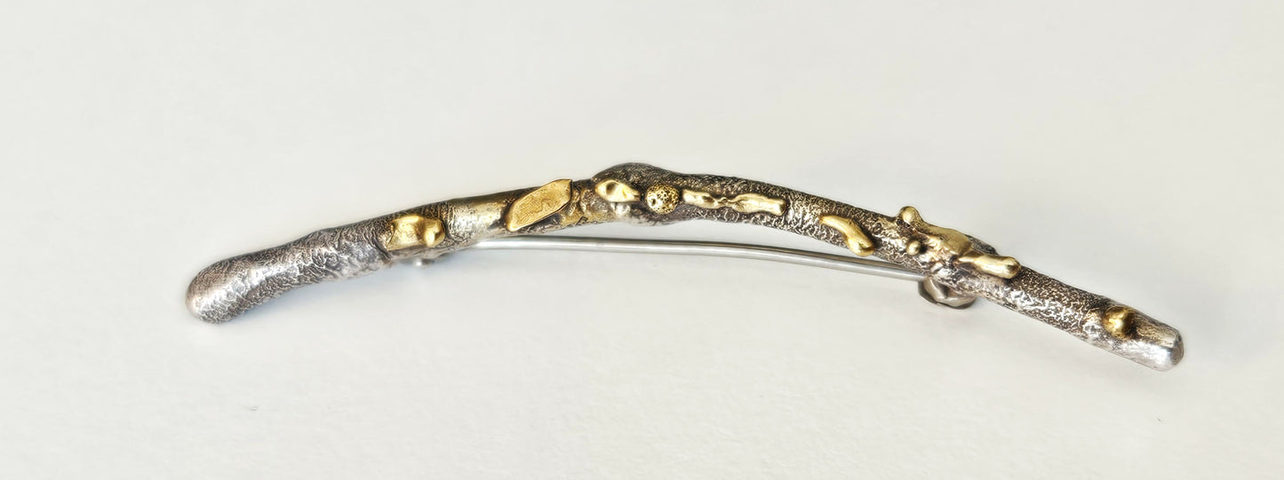 MCM Sterling Artisan Brooch Jewelry Artisan Signed Sterling w/ 24k Gold Accents Modernist Twig Branch Leaves Brooch