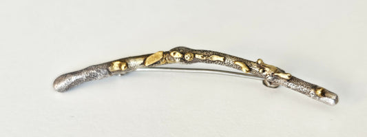 MCM Sterling Artisan Brooch Jewelry Artisan Signed Sterling w/ 24k Gold Accents Modernist Twig Branch Leaves Brooch