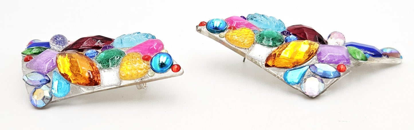 Bill Schiffer Large abstract Lucite and Rhinestones Earrings Signed 1989, view 6 of 9