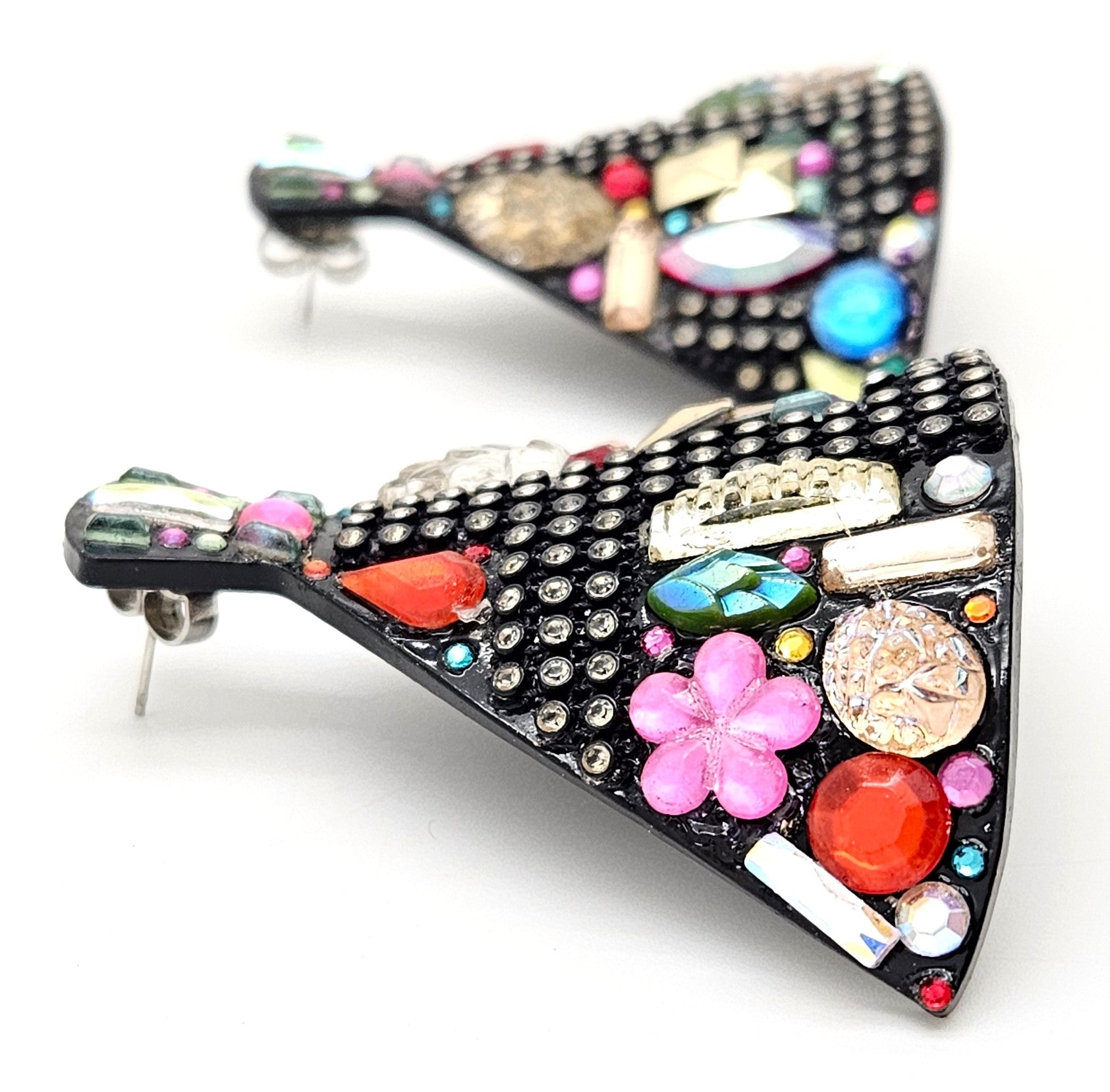 Bill Schiffer Large abstract Skyline Lucite Rhinestones Earrings Signed 1987, view 6 of 10