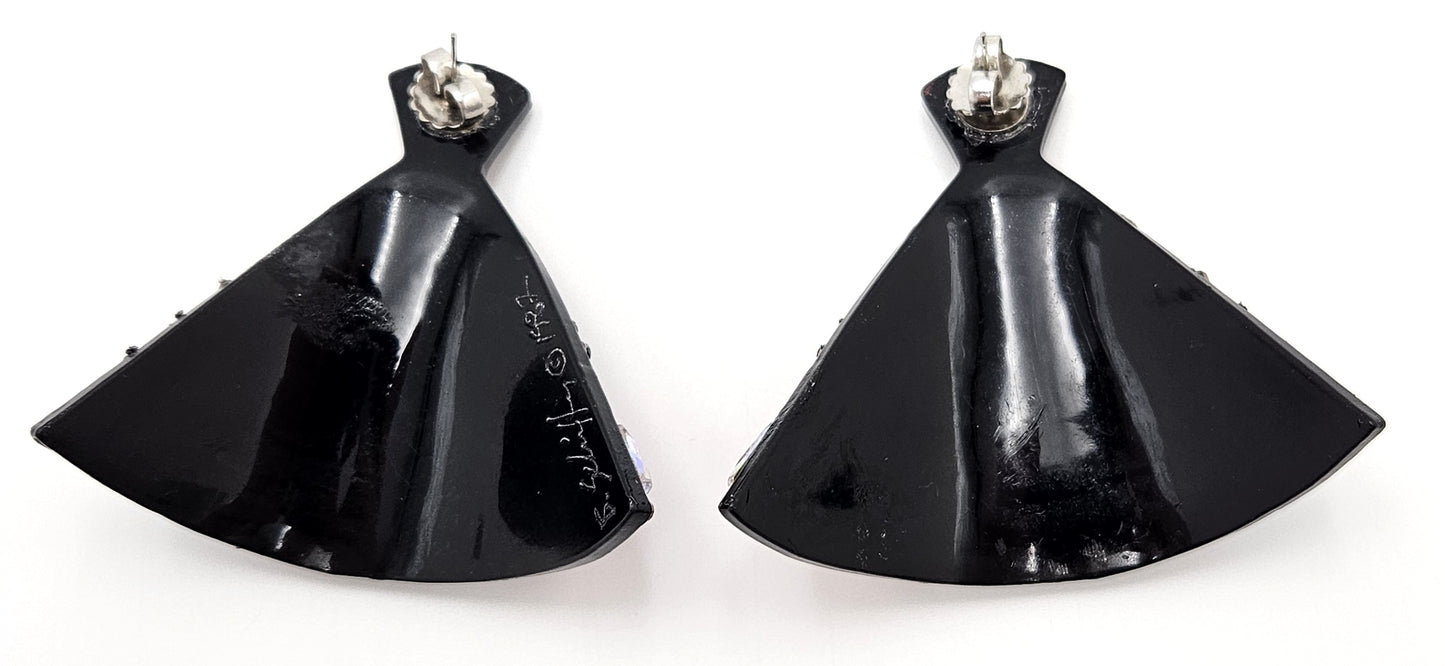 Bill Schiffer Large abstract Skyline Lucite Rhinestones Earrings Signed 1987, view 8 of 10