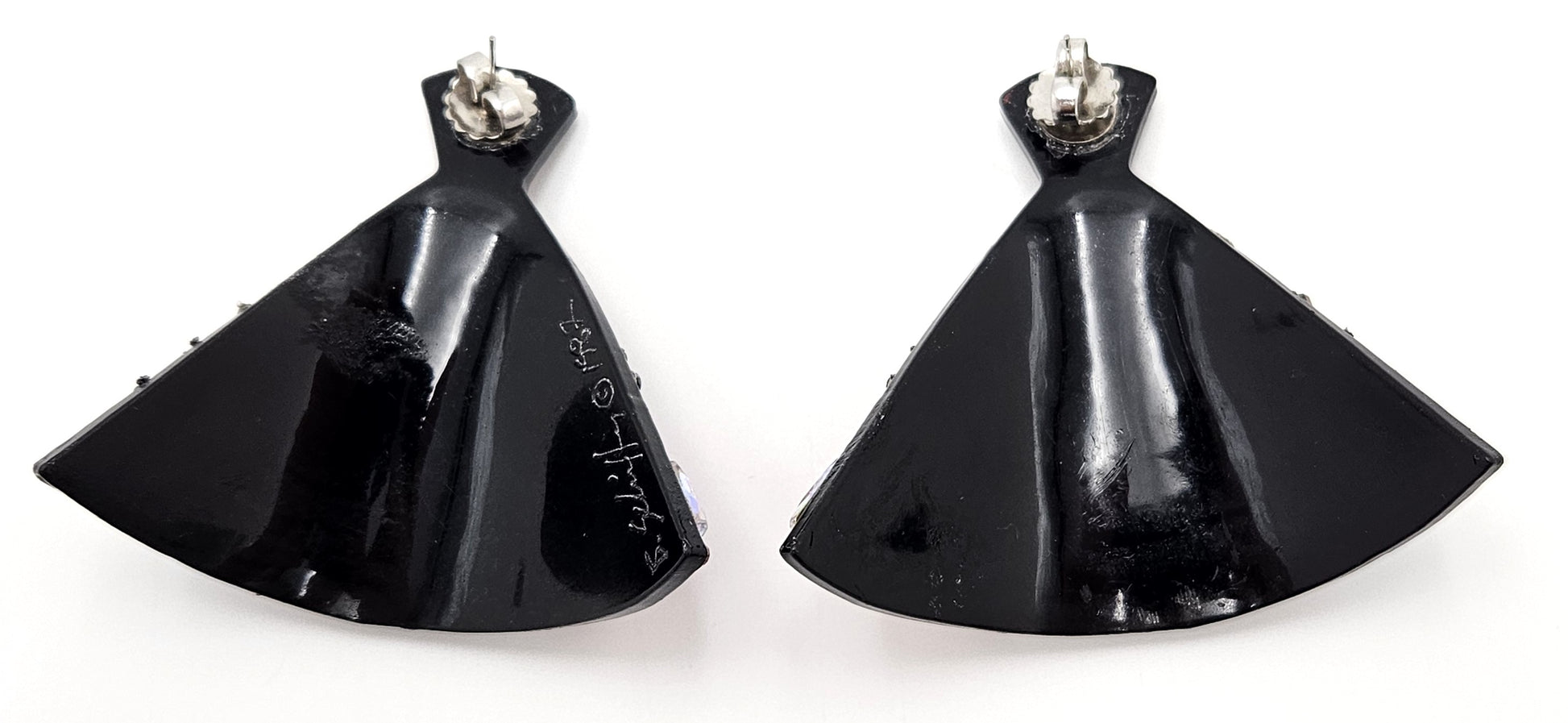 Bill Schiffer Large abstract Skyline Lucite Rhinestones Earrings Signed 1987, view 8 of 10