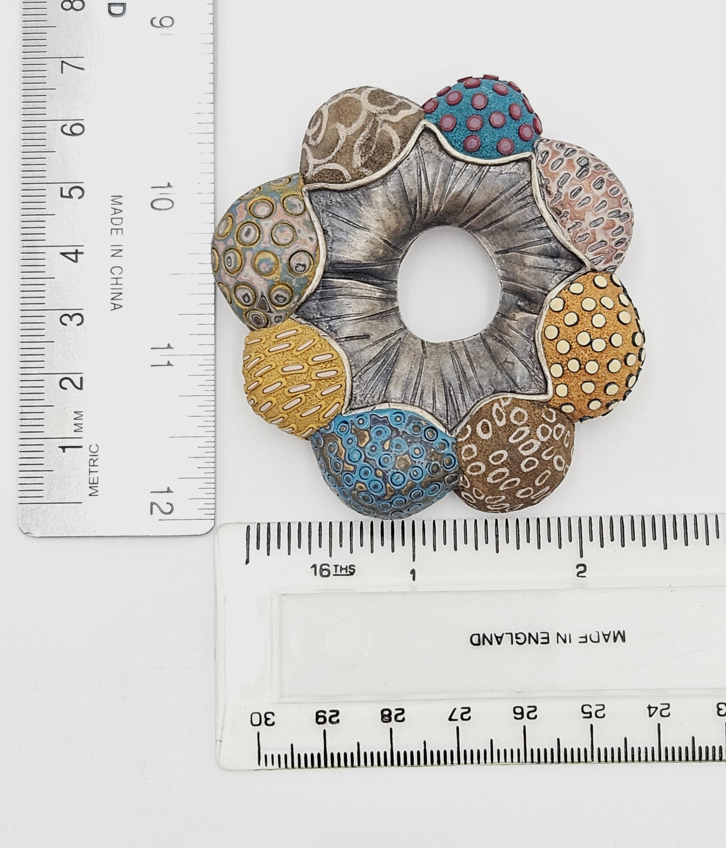 Vintage XL sterling silver and Polymer Clay Hydro Style Signed Ford Forlano Brooch, view 9 of 10