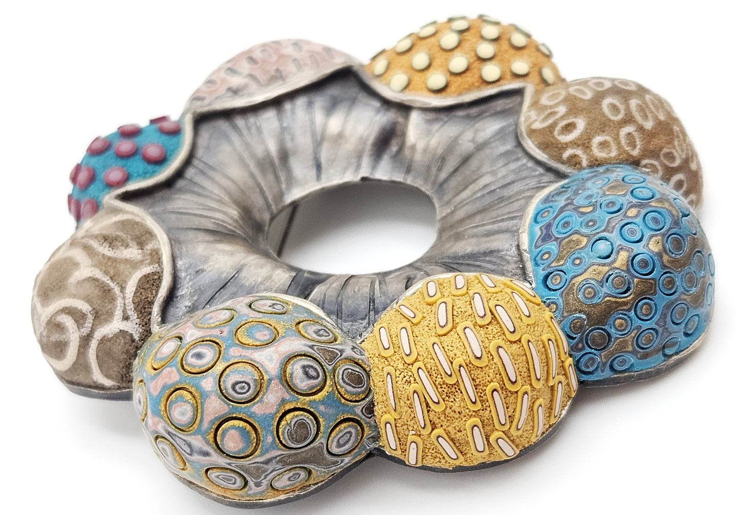 Vintage XL sterling silver and Polymer Clay Hydro Style Signed Ford Forlano Brooch, view 3 of 10