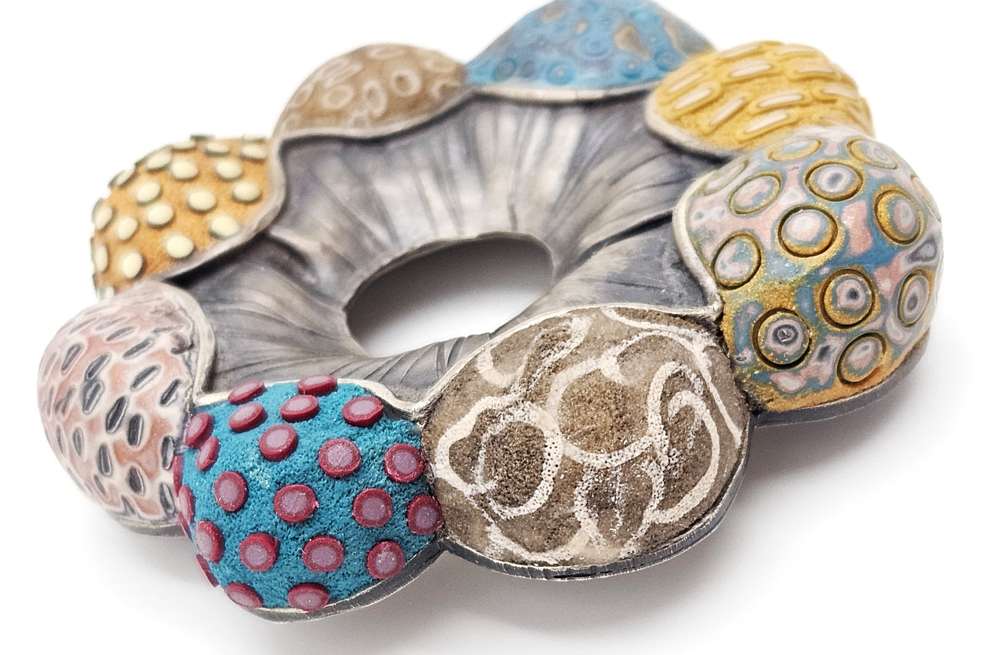 Vintage XL sterling silver and Polymer Clay Hydro Style Signed Ford Forlano Brooch, view 4 of 10