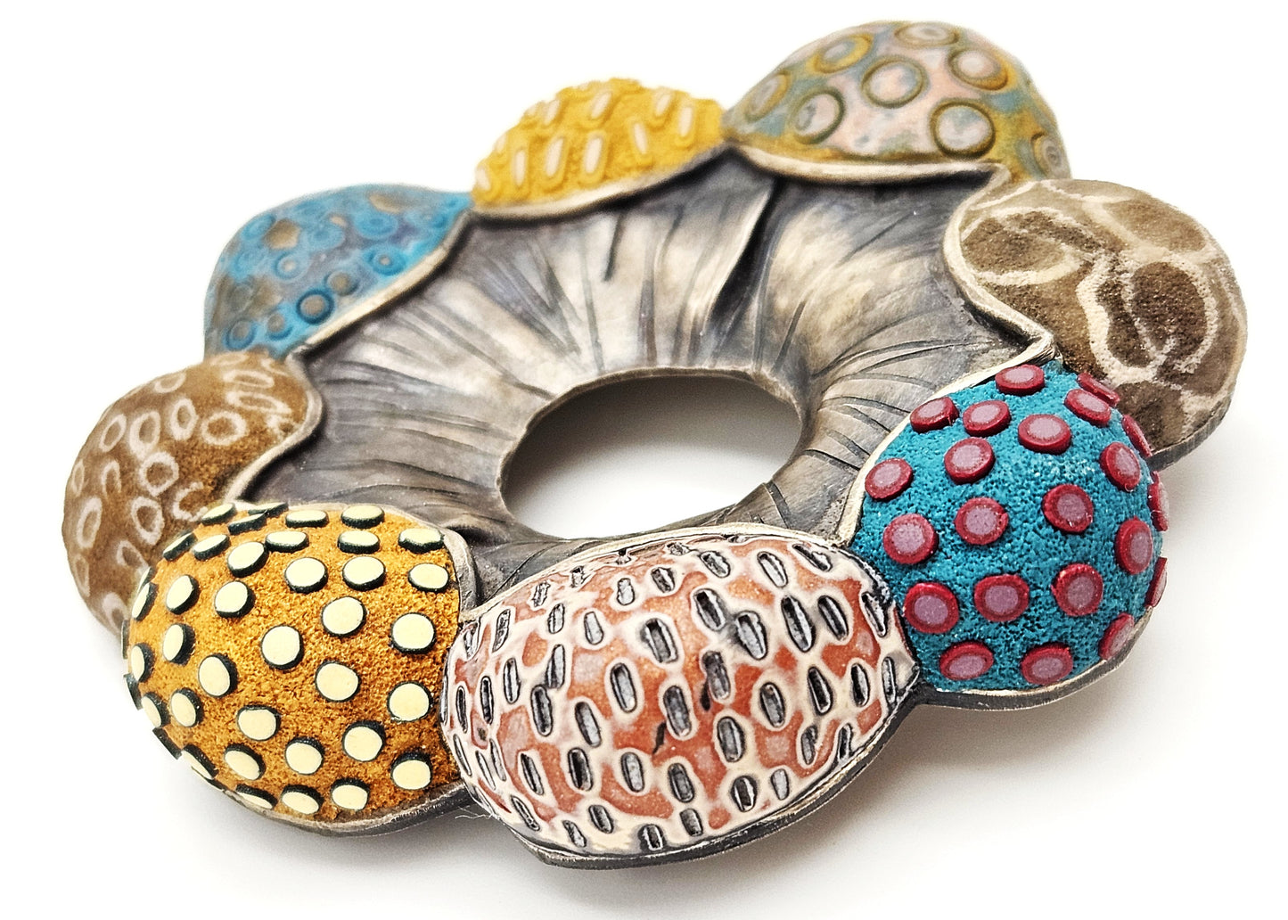 Vintage XL sterling silver and Polymer Clay Hydro Style Signed Ford Forlano Brooch, view 5 of 10