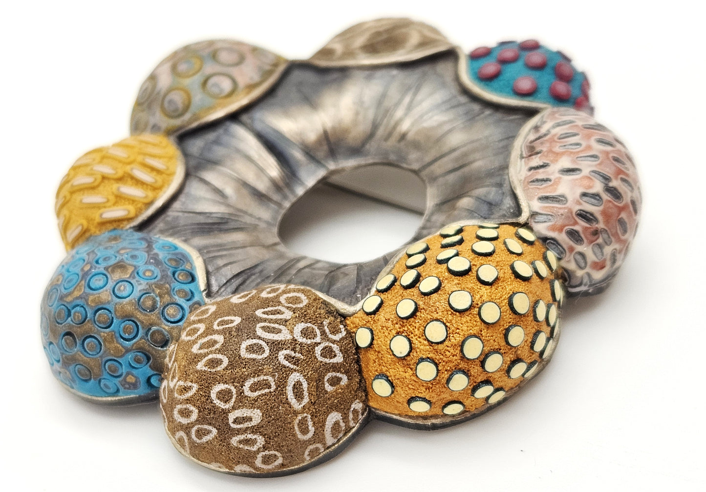 Vintage XL sterling silver and Polymer Clay Hydro Style Signed Ford Forlano Brooch, view 6 of 10