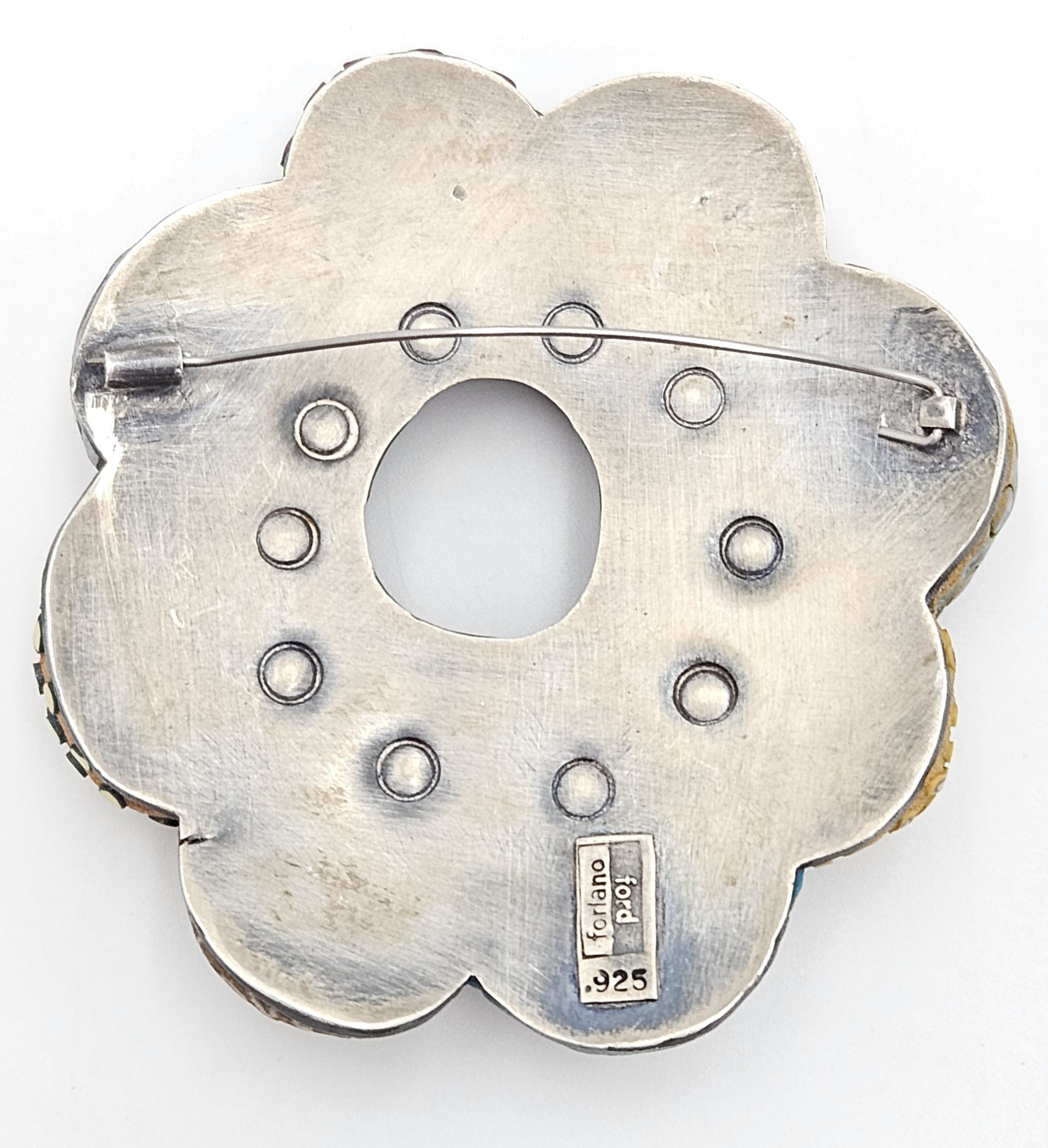 Vintage XL sterling silver and Polymer Clay Hydro Style Signed Ford Forlano Brooch, view 7 of 10
