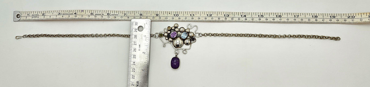 Artisan sterling silver Topaz Peridot Garnet Amethyst Scarab Beetle Necklace, view 5 of 8