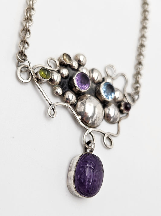 Artisan sterling silver Topaz Peridot Garnet Amethyst Scarab Beetle Necklace, view 1 of 8