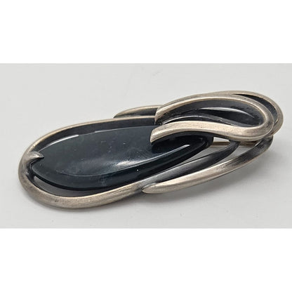 US Jewish Designer Maxwell Chayat modernist sterling silver Onyx Brooch Circa 1950s, view 1 of 10