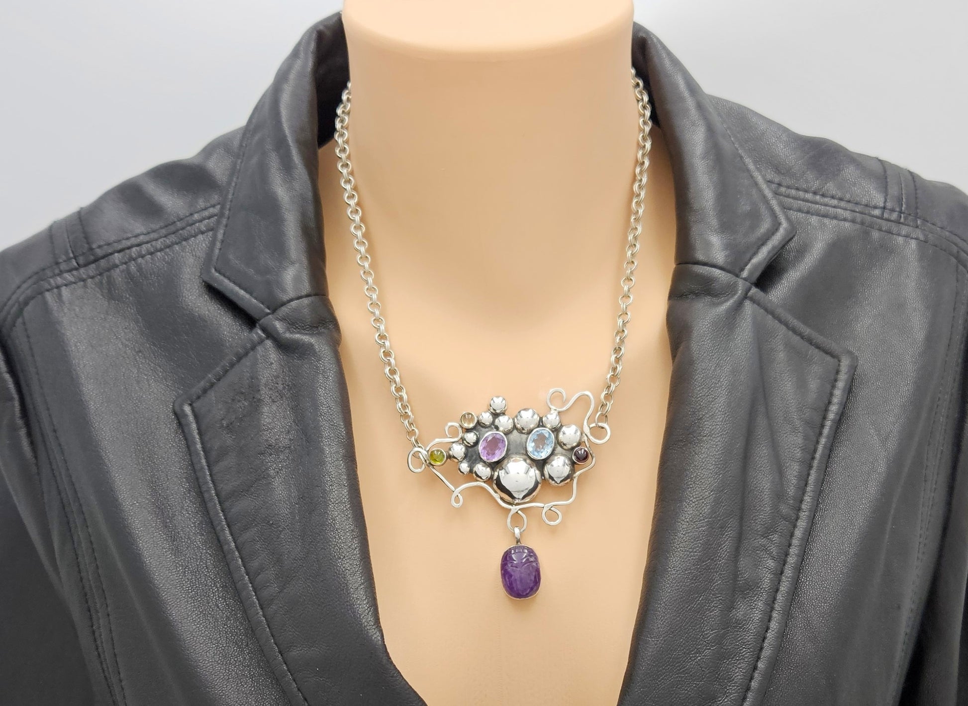 Artisan sterling silver Topaz Peridot Garnet Amethyst Scarab Beetle Necklace, view 3 of 8