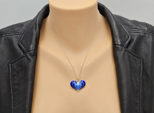 David Andersen Norway sterling silver Blue enamel modernist Heart Necklace 1950s, view 2 of 8
