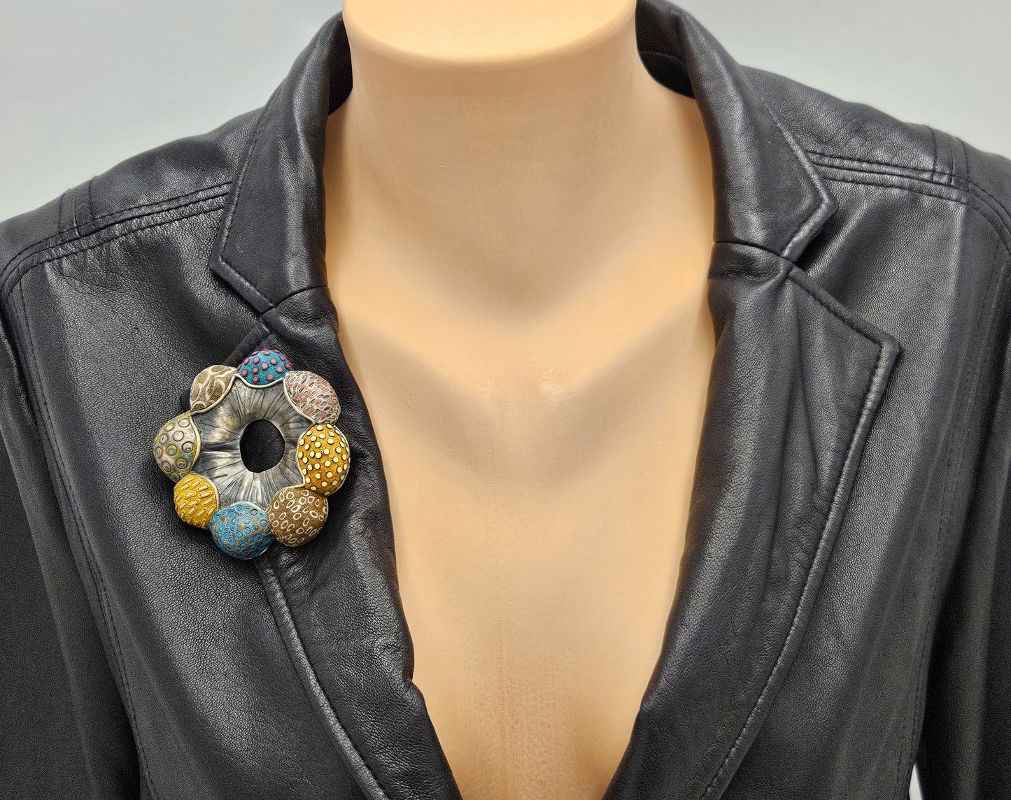 Vintage XL sterling silver and Polymer Clay Hydro Style Signed Ford Forlano Brooch, view 2 of 10