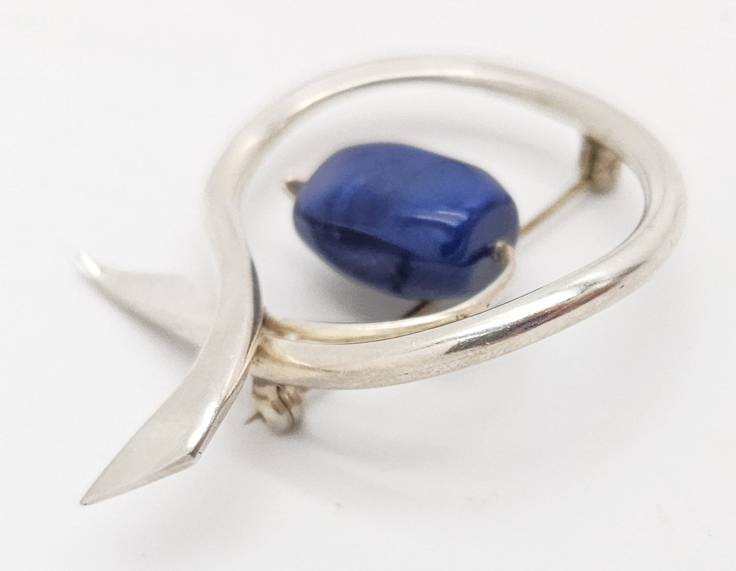 Danish Designer Bjorklund sterling silver Lapis Lazuli Brooch Circa 1960s, view 4 of 7