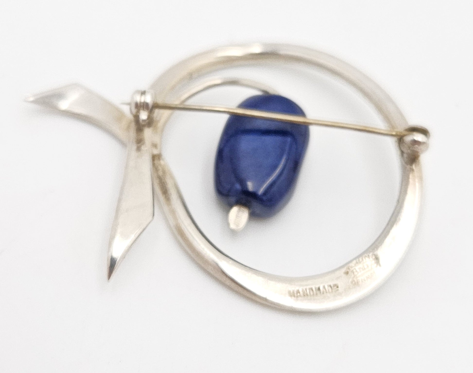 Danish Designer Bjorklund sterling silver Lapis Lazuli Brooch Circa 1960s, view 5 of 7