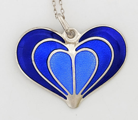 David Andersen Norway sterling silver Blue enamel modernist Heart Necklace 1950s, view 1 of 8