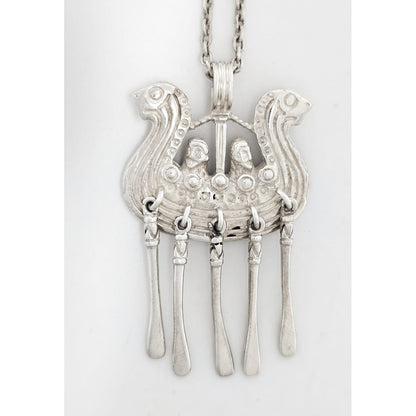 Kalevala Koru Finland Sterling XL 3D Articulating Viking Ship Necklace 1960&