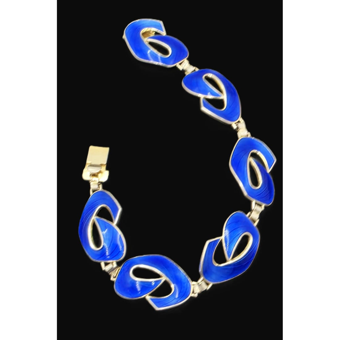 Ivar Holth Norway Gilt Sterling &amp; Blue Enamel Art Deco Panel Link Bracelet 1940s
