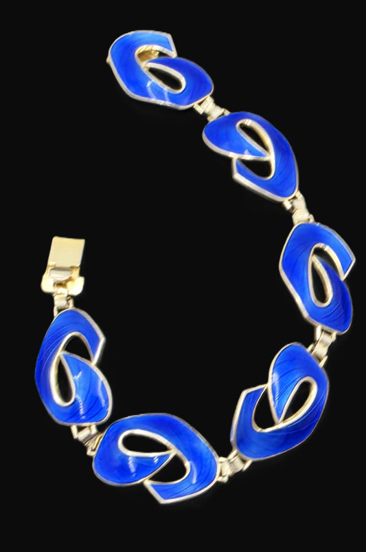 Ivar Holth Norway Gilt Sterling & Blue Enamel Art Deco Panel Link Bracelet 1940s