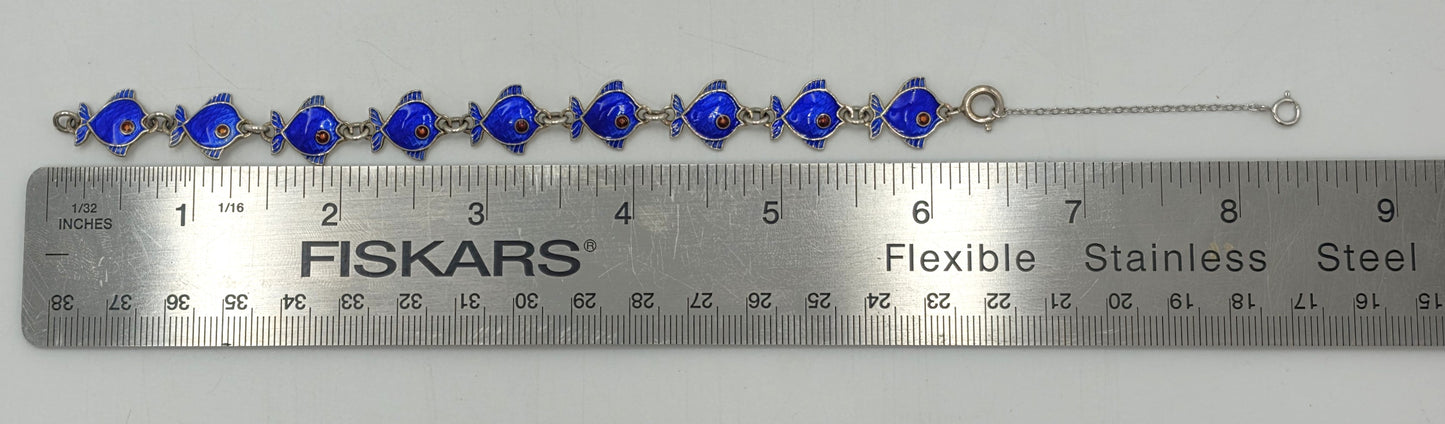 Danish Volmer Bahner Sterling & Royal Blue Enamel Fish Link Bracelet Circa 1950s